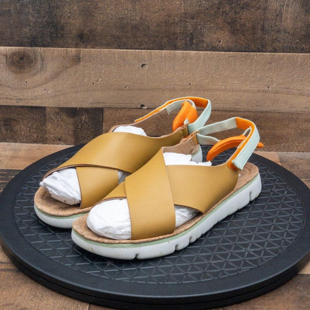 Camper Women's Mustard Yellow Leather Cross-Strap Sandals with Orange Accents